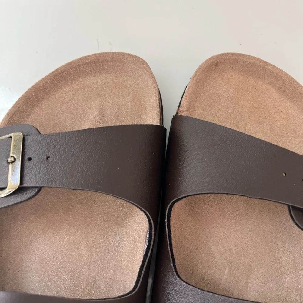 NEW Men's Size 12 Brown Leather Cork Footbed Sandals Slip on with Buckle Straps
